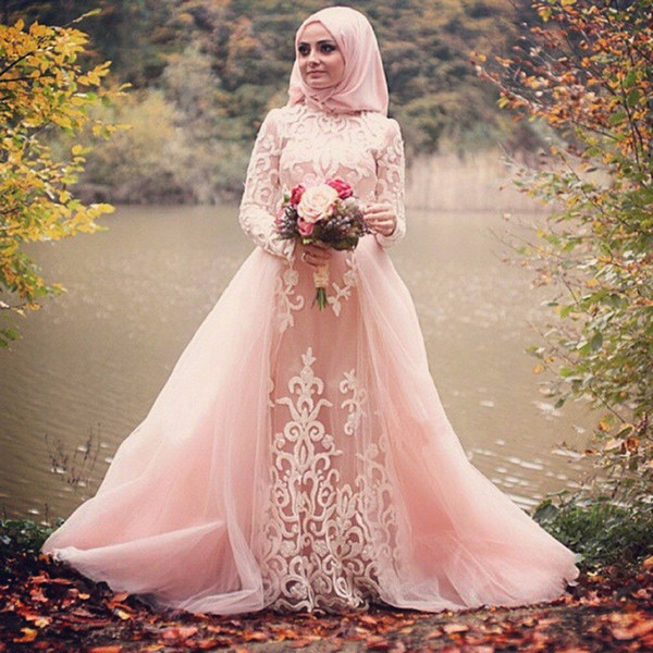 New Arrival Arabic Muslim Pink Lace Wedding Dresses High Neck A Line Appliqued Tulle Ruched Long Bridal Formal Gowns Custom Made