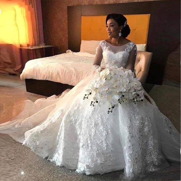 A Line Wedding Dresses African Long Sleeve Scoop Lace Appliques Beaded Arabic Bridal Gowns New Fashion Custom Made Vestidos BC2742