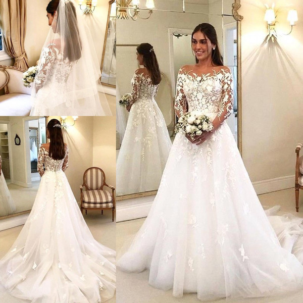 Romantic Sheer Lace Long Sleeve A Line Wedding Dresses Elegant Off Shoulder Appliques Button Covered Back Long Robe de soriee BC2654