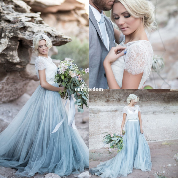 Fairy Beach Boho Lace Wedding Dresses High-Neck A Line Soft Tulle Cap Sleeves Backless Light Blue Skirts Plus Size Bohemian Bridal Gown