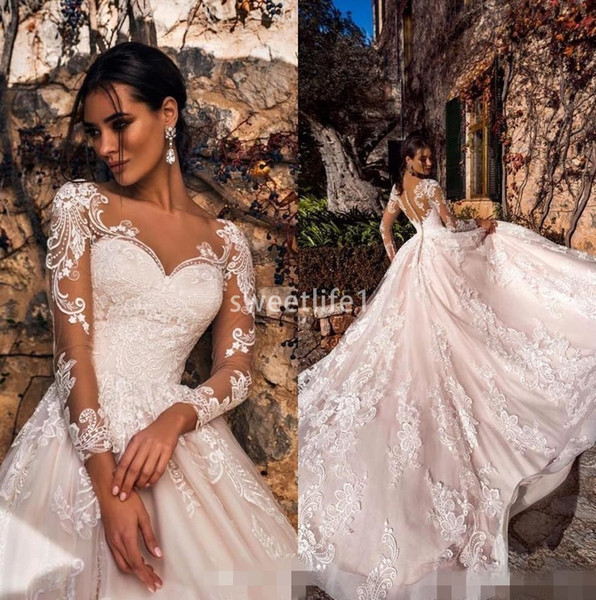 Sheer Long Sleeves Lace A Line Wedding Dresses Tulle Applique Wedding Bridal Gowns Robe De Mariée With Buttons Custom Made