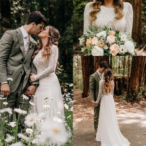 Bohemian Wedding Dresses Backless with Long Sleeve Country Boho Bridal Gowns Custom Made Wedding Dress