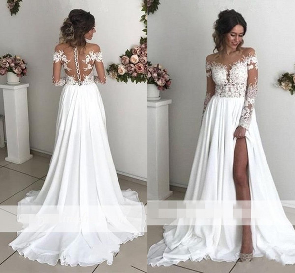 Exquisite Lace Chiffon A-Line Wedding Dresses Sheer Neck Long Sleeves Side Split Sweep Train Back Cover Buttons Country Bridal Gowns