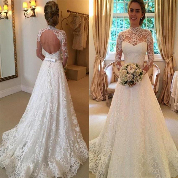 Cheap Long Sleeves Backless Wedding Dress A Line High Neck Lace Appliques Country Garden Church Formal Bridal Gown Custom Made Plus Size