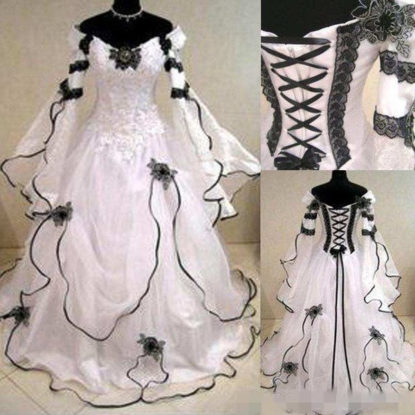 Vintage Plus Size Gothic A Line Wedding Dresses With Long Sleeves Black Lace Corset Back Chapel Train Bridal Gowns For Garden Country