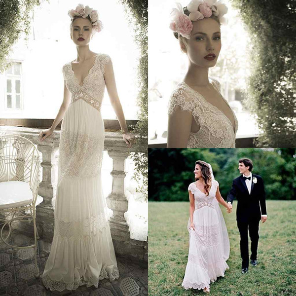 Lihi Hod White Ivory Lace Chiffon Boho Wedding Dresses Floor Length V Neck Sexy Backless Country Style Garden Beach Bridal Gown Custom