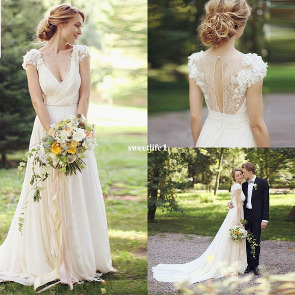 New Chiffon Garden Country Wedding Dresses V Neck Ruched with Handmade Flowers Beach Bridal Gowns vestidos de noiva