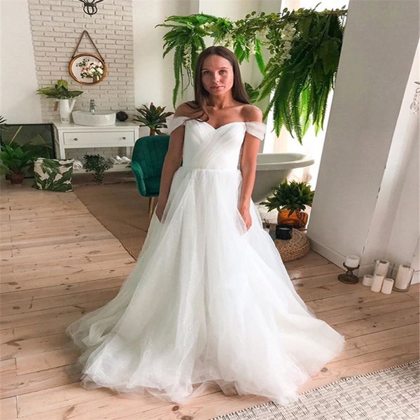 Sexy Off Shoulder Long Wedding Dresses with Long Tulle Sweep Train Bridal Gowns robe de mariée