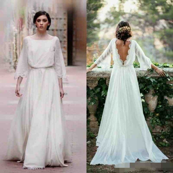 Sexy Ivory Lace 3/4 Long Sleeve Backless Bohemian Wedding Dresses Summer Court Train Ruched Chiffon Plus Size Beach Bridal Gowns