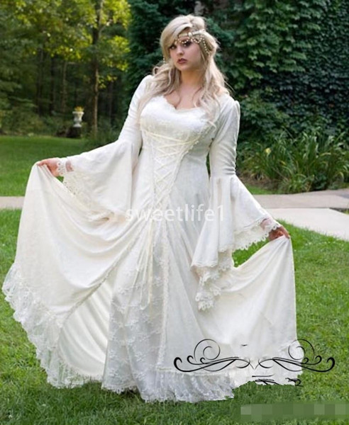 Vintage Gothic Wedding Dresses A Line Bell Long Sleeve lace Renaissance Medieval halloween costume Plus Size wedding gowns