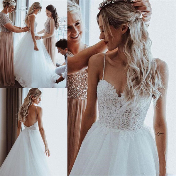 Simple Tulle A Line Boho Wedding Dresses Sweep Train Spaghetti Straps Appliques Boho Sexy Beach Bridal Gowns