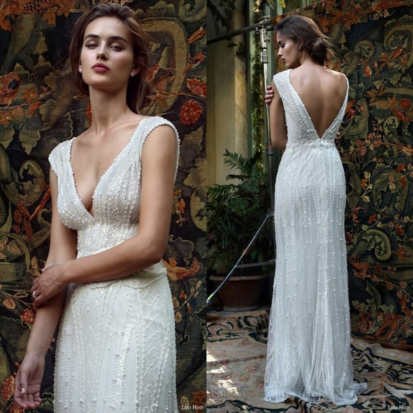 Lihi Hod A Line Pearls Beaded Sleeveless Wedding Dresses Plunging Neckline Backless Floor Length Beach Garden Beading Bridal Gowns