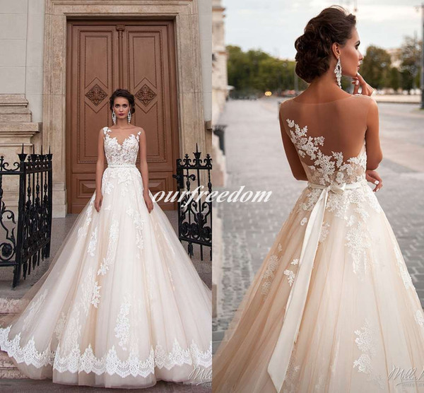 Milla Nova Sheer Jewel Neck Castle Wedding Dresses Illusion Back Appliques Lace Court Train Bridal Gown For Western Style Wedding