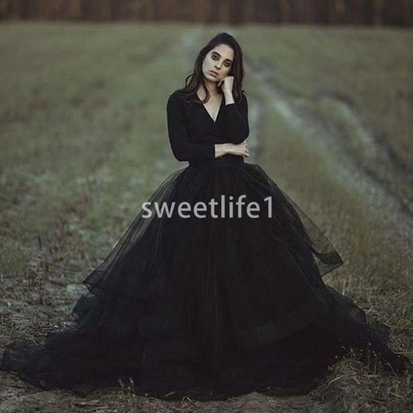 Black V Neck Wedding Dresses Long Sleeve A Line Sweep Train Tulle Ruffles Tiered Skirts Gothic Wedding Bridal Gown