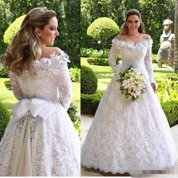 Vintage Off The Shoulder White Wedding Dresses With Long Sleeve Full Lace A Line Arabic Country Style Bridal Gowns With Bow Sash