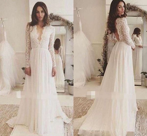 Elegant Soft Lace Chiffon Wedding Dresses Long Sleeve V Neck Backless Sweep Train Bohemian Style Bridal Gown Custom Made Hot Sale