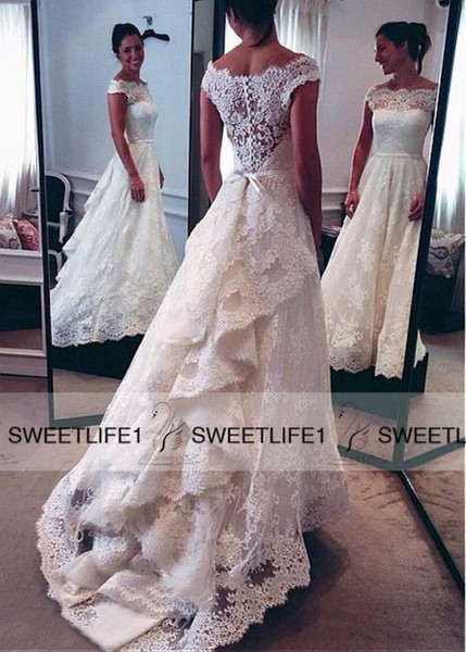 Real image A Line Court Train Lace Appliques Wedding Dresses Elegant Bateau Neck Covered Button Back Vintage Bridal Gowns