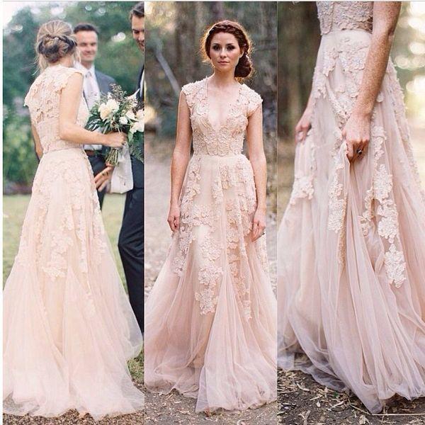 Vintage Modest Elegant Reem Acra Bridal Dress Appliques Blush Wedding Dresses V Neck A Line Graceful Tulle Bride Gowns