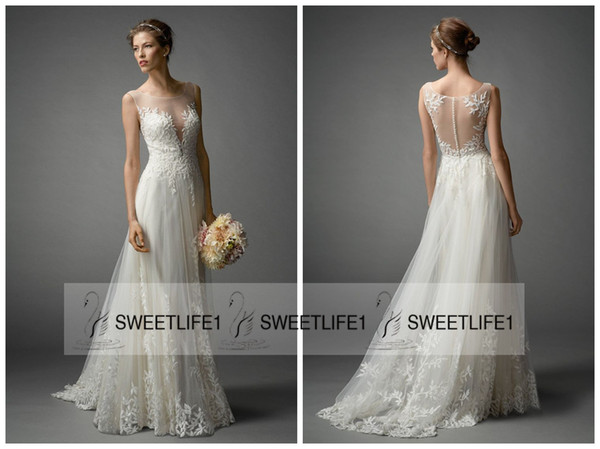 New Arrival Watters A Line Sheer Wedding Dresses with Sexy Scoop Neck Sleeveless Lace Appliques Vintage Bridal Gowns Button Back