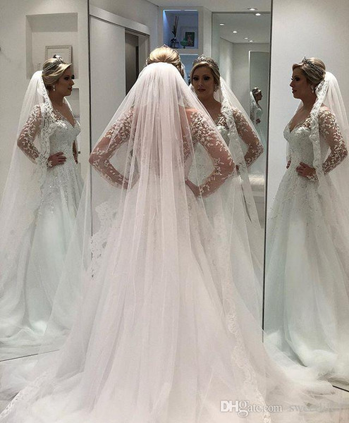 Elegant Illusion Long Sleeves Wedding Dresses Backless A Line V Neck Lace Appliques Sexy Rustic Bridal Ball Gown