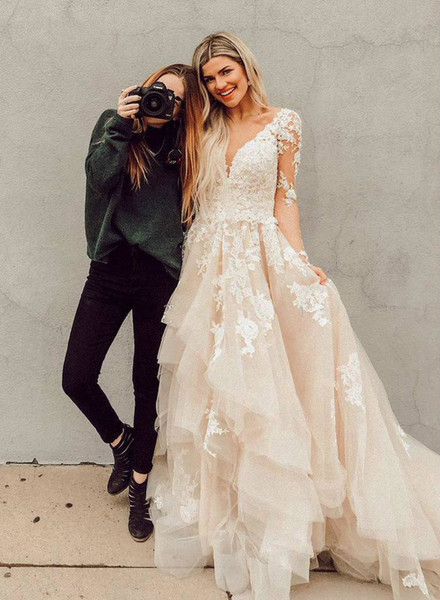 Bohemian A Line Lace Wedding Dresses Lace Backless Rustic Country Bridal Gowns Illusion Long Sleeves Boho Bride Dress