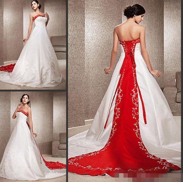 Vintage White and Red Wedding Dresses A-Line Chapel Train Satin Strapless Wedding Dress With Embroidery Beading Bridal Gowns Custom Made