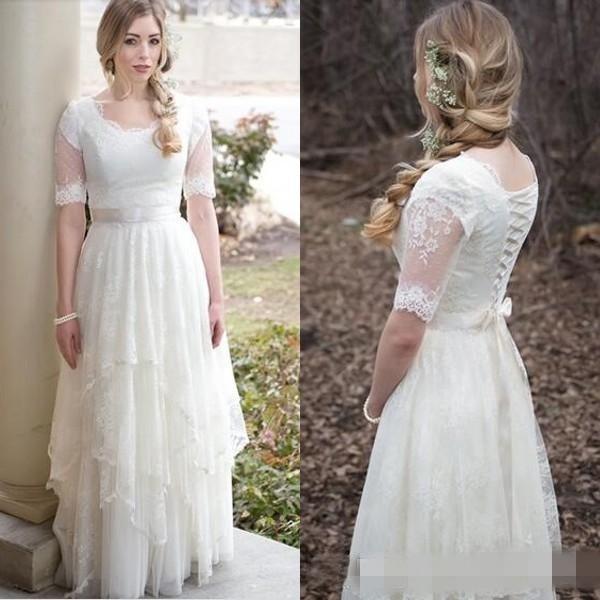 A-line Tulle Wedding Dresses Bohemian Garden Bridal Gowns Lace Up Tulle Scoop Neck Illusion Short Sleeves Brides Wedding Dress