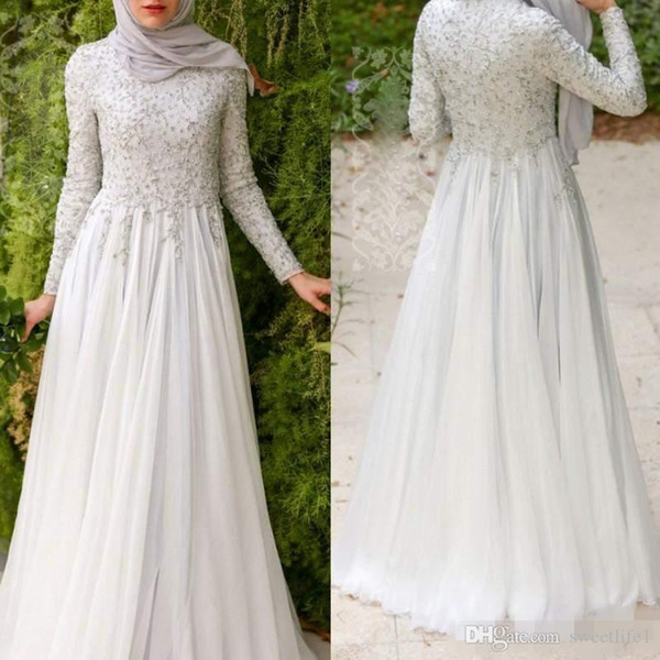 Muslim Long Sleeves Wedding Dresses Crystals Beaded A Line Beach Bride Gown Floor Length Bridal Dress