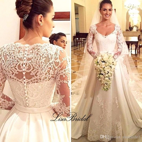 Vestidos de noiva Long Wedding Dress V Neck Long Sleeves Lace A Line Bride Dress Ball Gown