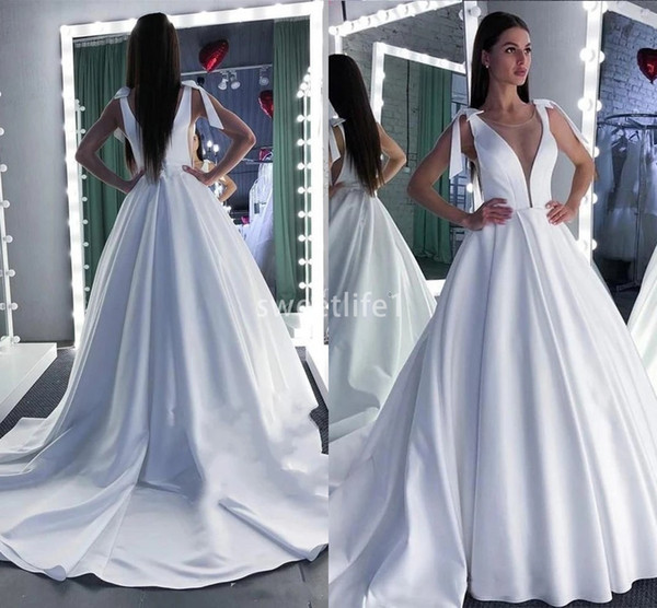 New Elegant Sheer Jewel Neckline Wedding Dresses Simple Design White Satin Sweep Train Country Style Bridal Gown Custom Made Hot Sale