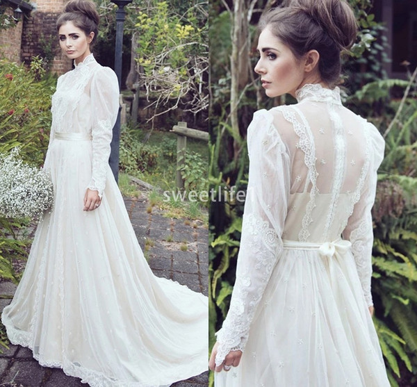 Vintage High Neck Long Sleeve Wedding Dresses Sweep Train A Line Zipper Back Medieval Style Boho Garden Bridal Gown Custom Made