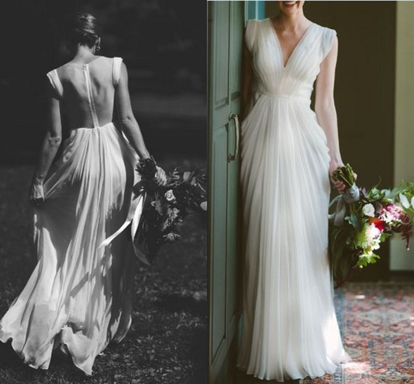 Vintage V Neck Chiffon A Line Wedding Dresses Pleats Floor Length See Though Back Boho Garden Bridal Gown