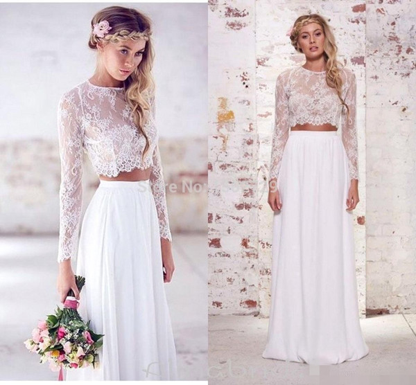 Summer Two Pieces Crop Top Beach Bohemian Wedding Dresses Chiffon Ruched Floor Length Wedding Gowns Lace Long Sleeve Bridal Dress