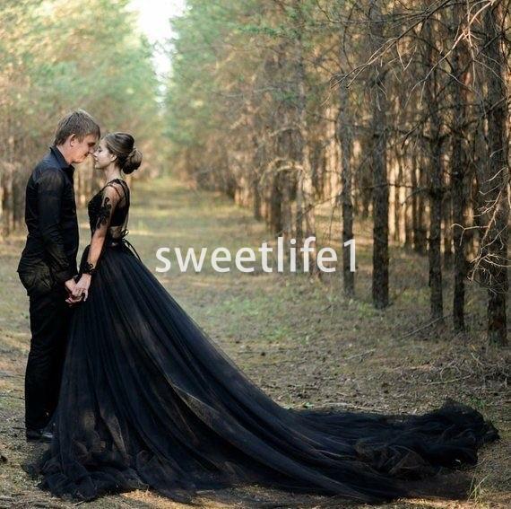 Gthoic Black Long Sleeve Wedding Dresses A Line V Neck Sexy Side Split Boho Garden Bridal Gown Custom Made