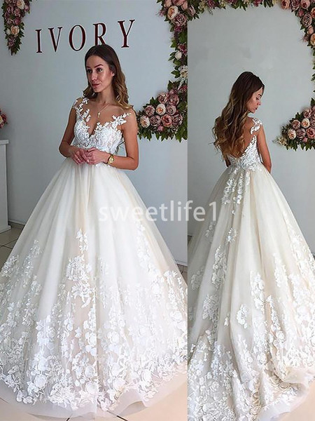 Elegant Ivory Lace Appliques Wedding Dresses Backless Sweep Train A Line Country Style Bridal Gowns Custom Made