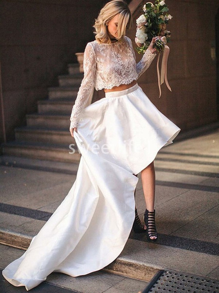 Boho Garden Two Piece Wedding Dresses Long Sleeve Lace Crew Neck Hi Low Sweep Train Outdoor Bridal Gown Custom Made