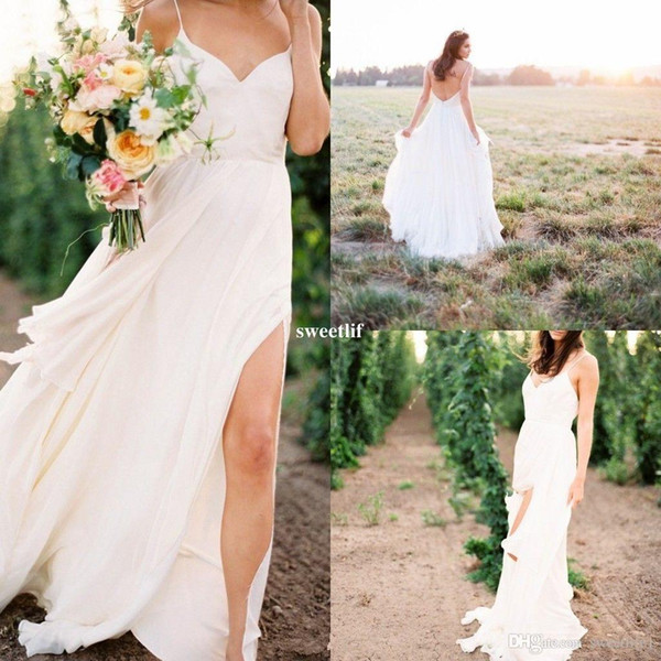 White Spaghetti Straps Long A Line Wedding Dresses ThighHigh Split Chiffon Sexy Beach Garden Boho Bridal Gowns