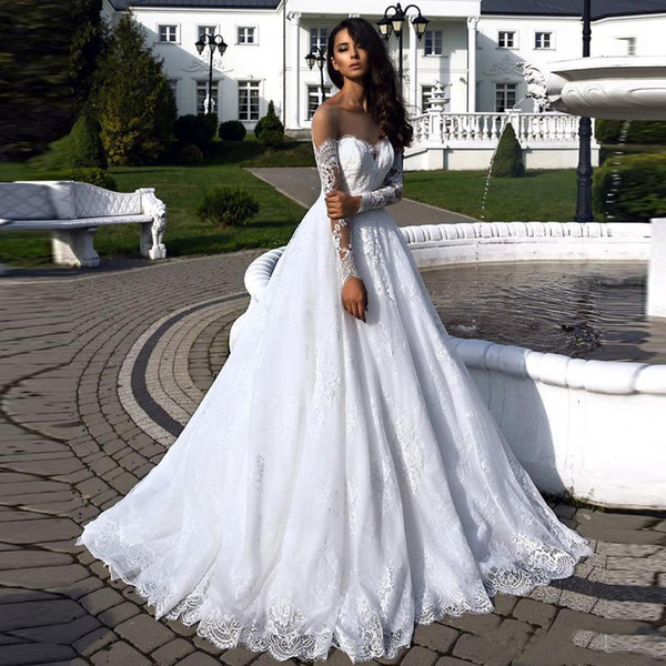 Princess Illusion Neck Backless Wedding Dresses A Line Lace Appliques Long Sleeve Backless Boho Bridal Gowns Plus Size