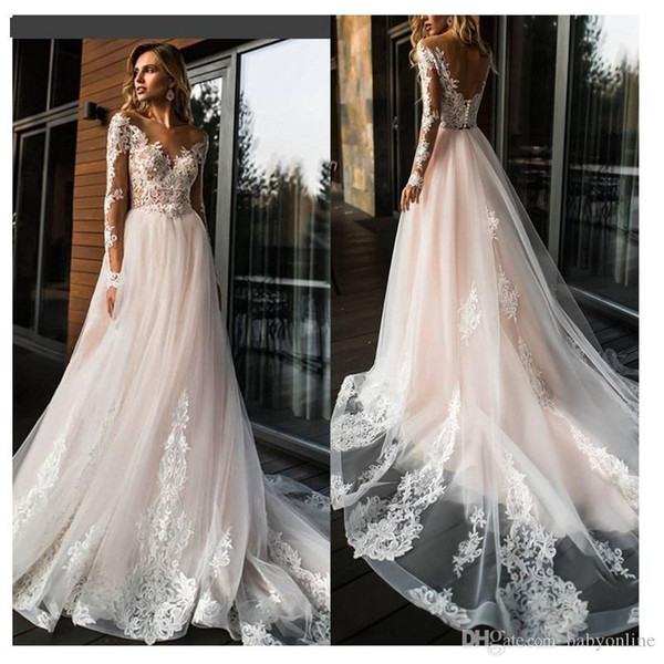 Vintage Long Sleeve Blush Wedding Dresses A Line Sheer Neck With Button Covered Back Appliqued Ruched Long Bridal Gowns Summer Boho Vestido