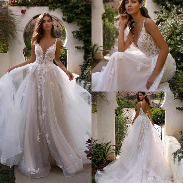 Newest Wedding Dresses V Neck Lace Appliqued Cheap Bridal Gowns A Line Tulle Boho Beach Wedding Dress robes de mariée