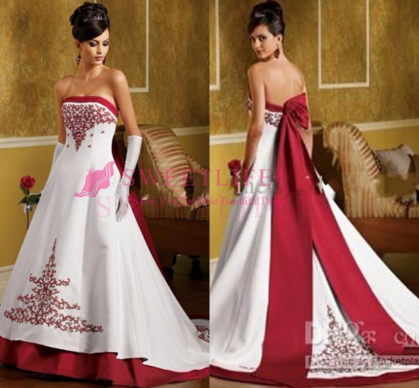 New Arrival White and Red Wedding Dresses Embroidery A Line Satin Wedding Dress Beading Bridal Dresses Wedding Gowns