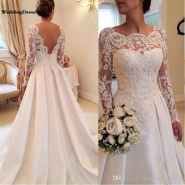 Lace Applique Illusion Long Sleeves wedding dress Long Sleeve A Line Sheer Neckline Backless Lace and Satin Bridal Wedding Gowns