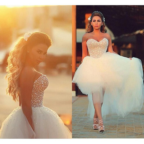 Luxury Beach High Low Wedding Dresses vestido noiva Beaded Crystal Sweetheart Bridal Gowns Custom Made robe de mariee