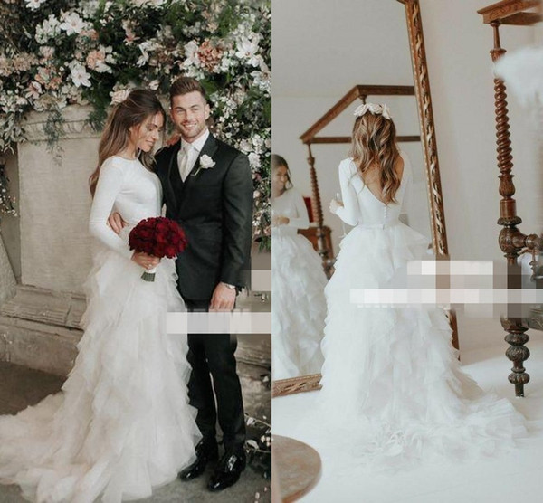 Country Style Long Sleeve Wedding Dresses Backless Ruffles Tulle Crew Neck Boho Garden Wedding Dresses Bridal Gown Custom Made