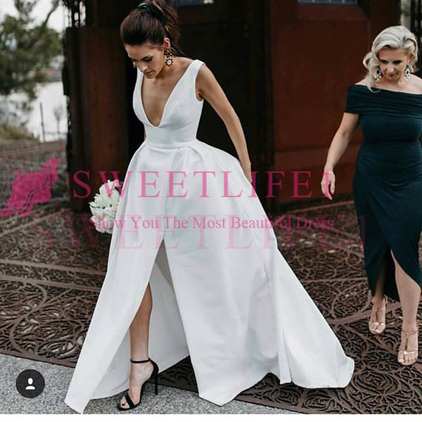 New White Stain Deep V Neck Wedding Dresses Side Split Sexy Sweep Train Empire Waist Country Style Bridal Gown Custom Made Hot Sale