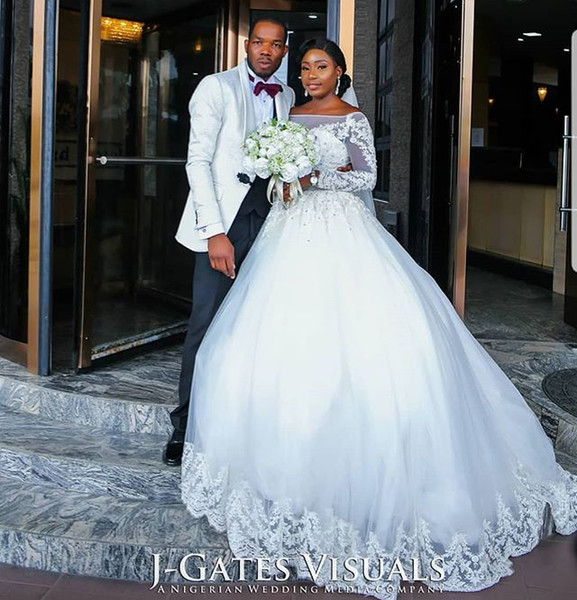 South Africa Style A Line Wedding Dresses Bateau Neck Long Sleeve Beaded Appliques Zipper Back Bridal Gown Custom Made