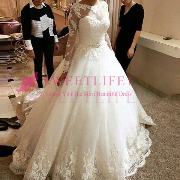 Princess Long Sleeve Wedding Dresses Sheer Jewel Neck Lace Appliques Beaded Belt A Line Bridal Gown Custom Made Hot Sale