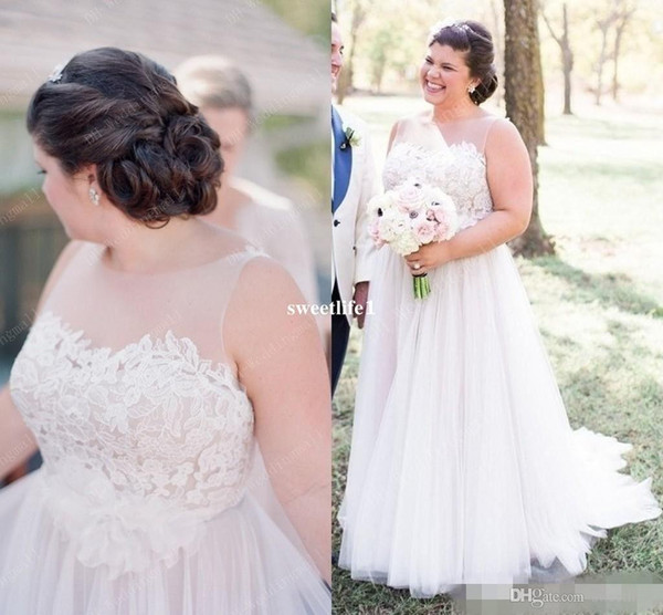 Plus Size Appliques A Line Wedding Dresses White Sexy Backless Floor Length Tulle Boho Beach Bridal Gown