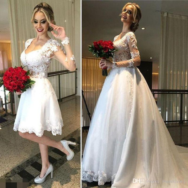 White Long Sleeve Wedding Backless Lace Detachabke Train A Line Bridal Gown Boho robes de mariée