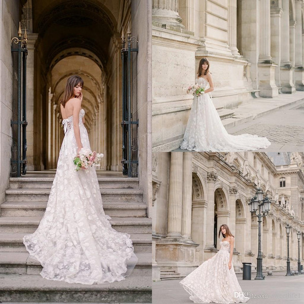 Romantic A Line Wedding Dresses Sweetheart Lace Backless Rustic Style Bridal Gown robes de mariée